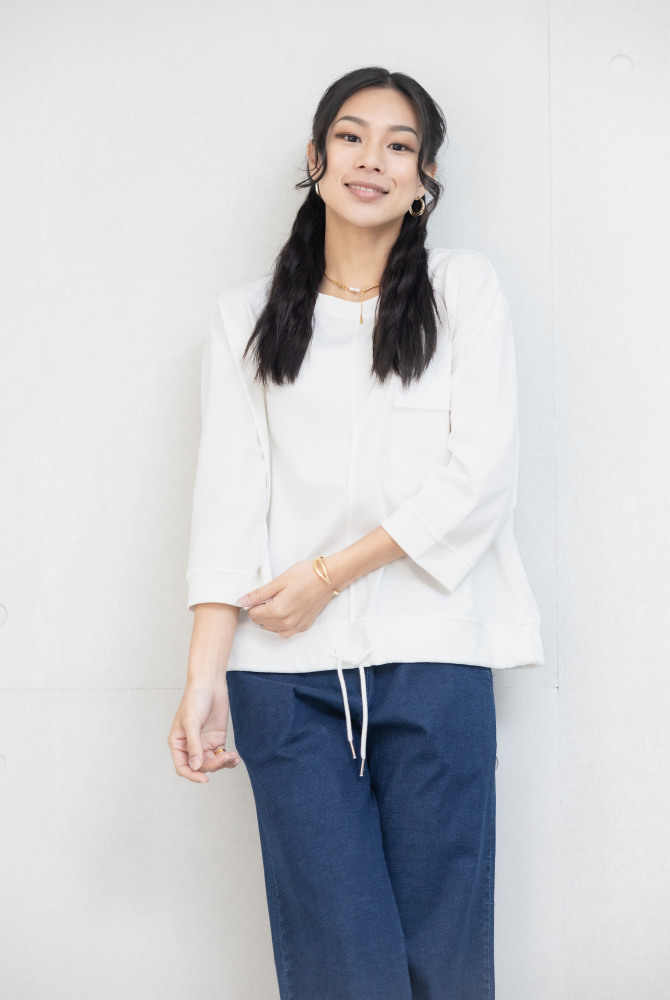 긴팔 異材質口袋下擺抽繩七分袖上衣 / 白色