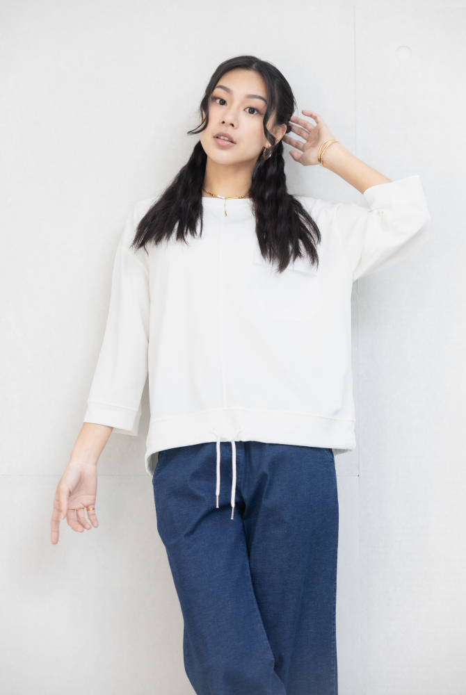 긴팔 異材質口袋下擺抽繩七分袖上衣 / 白色