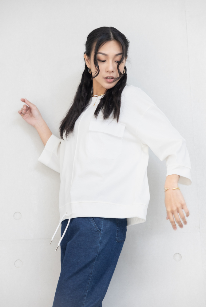 긴팔 異材質口袋下擺抽繩七分袖上衣 / 白色