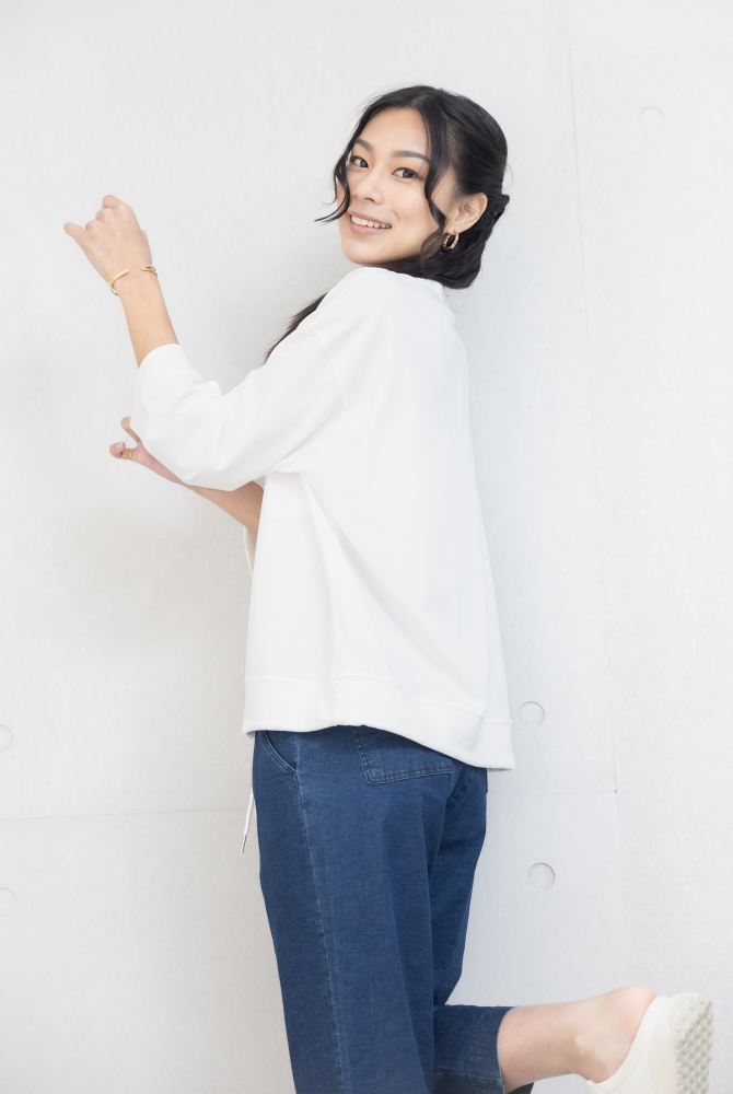 긴팔 異材質口袋下擺抽繩七分袖上衣 / 白色