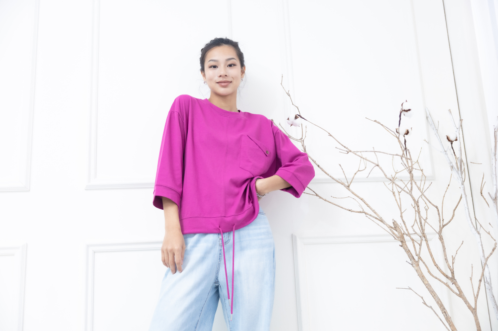 긴팔 左胸反摺口袋下擺抽繩七分袖上衣 / 桃紅色