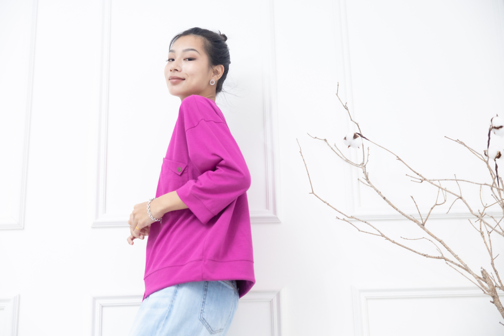 긴팔 左胸反摺口袋下擺抽繩七分袖上衣 / 桃紅色