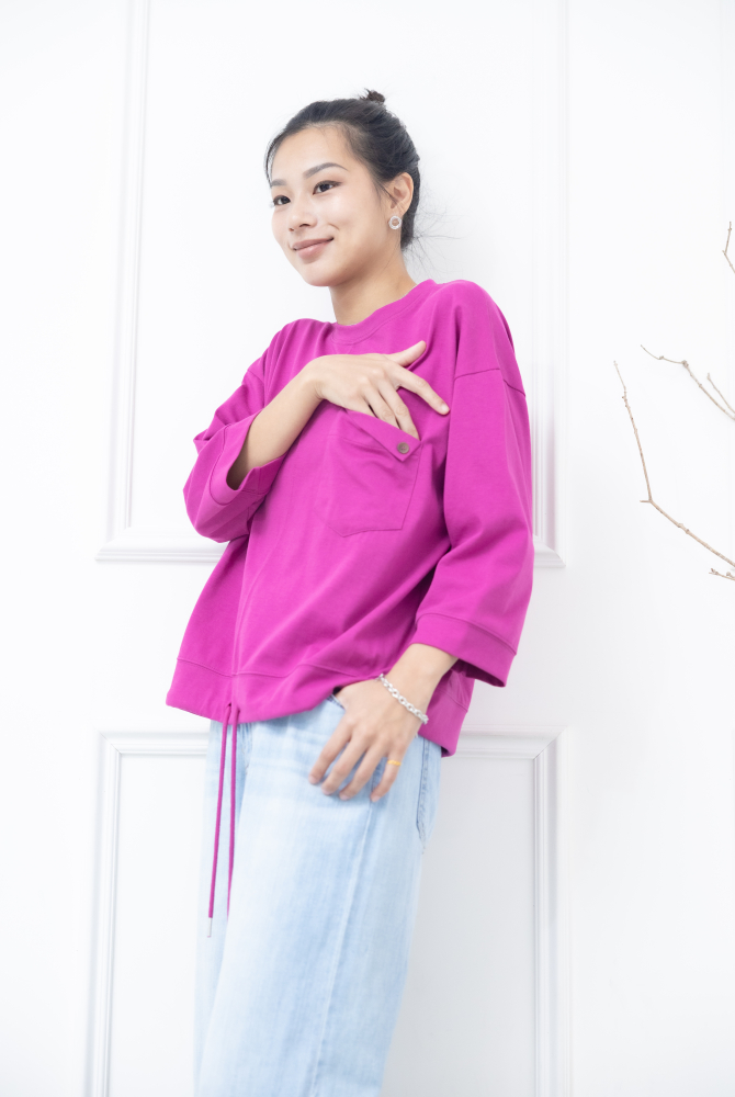 긴팔 左胸反摺口袋下擺抽繩七分袖上衣 / 桃紅色