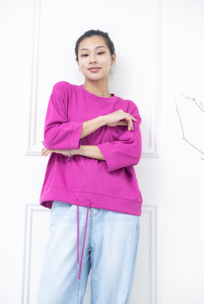 긴팔 左胸反摺口袋下擺抽繩七分袖上衣 / 桃紅色