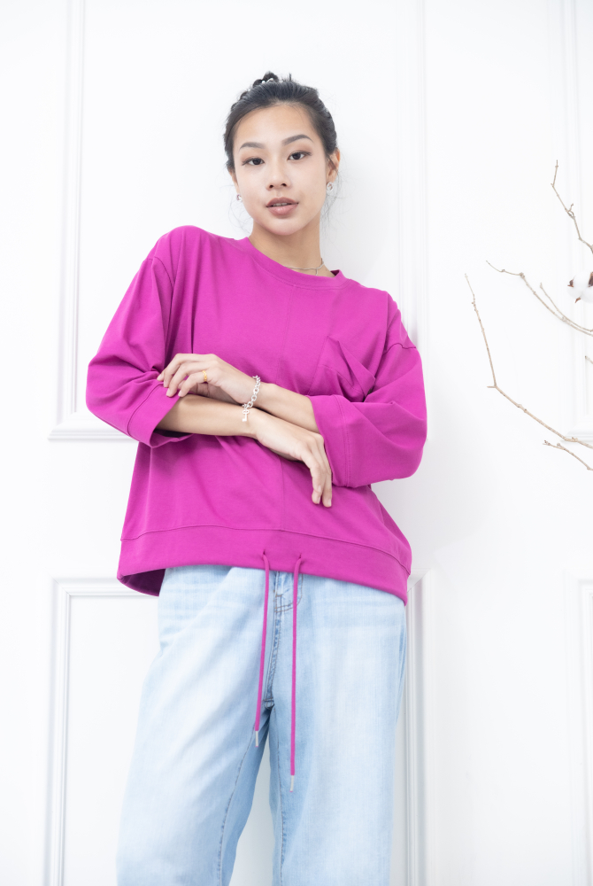 긴팔 左胸反摺口袋下擺抽繩七分袖上衣 / 桃紅色