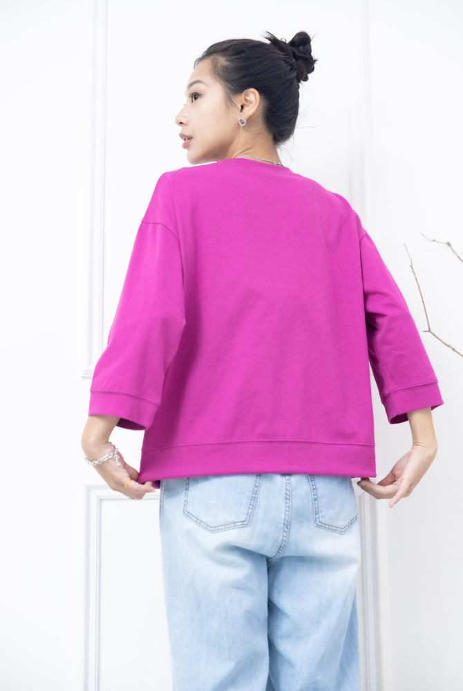 긴팔 左胸反摺口袋下擺抽繩七分袖上衣 / 桃紅色