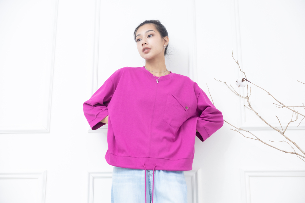 긴팔 左胸反摺口袋下擺抽繩七分袖上衣 / 桃紅色