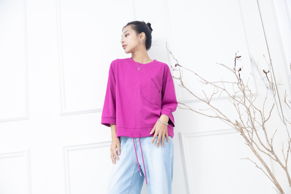긴팔 左胸反摺口袋下擺抽繩七分袖上衣 / 桃紅色
