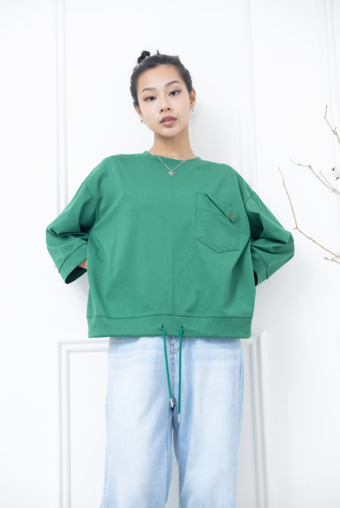 긴팔 左胸反摺口袋下擺抽繩七分袖上衣 / 綠色
