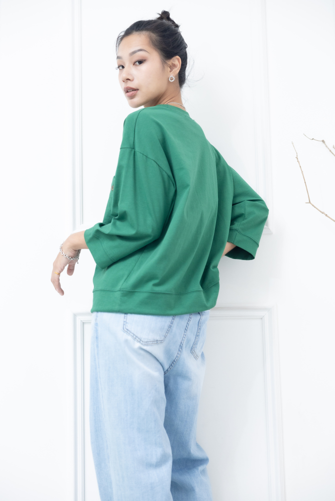 긴팔 左胸反摺口袋下擺抽繩七分袖上衣 / 綠色