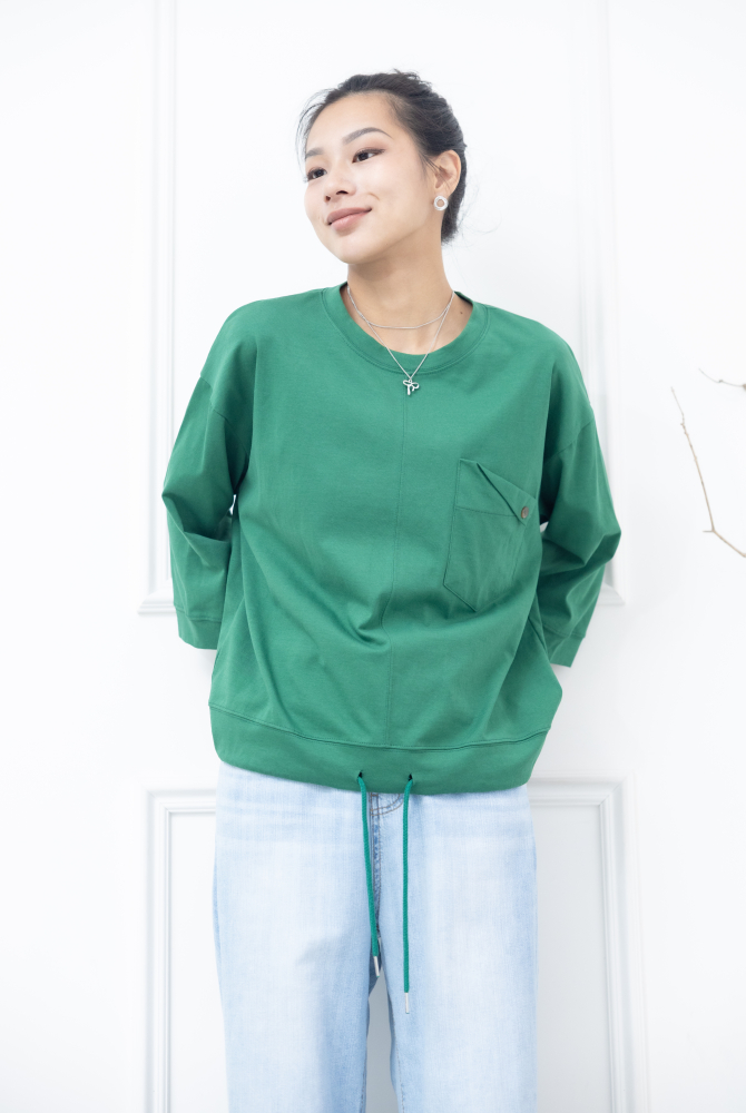 긴팔 左胸反摺口袋下擺抽繩七分袖上衣 / 綠色
