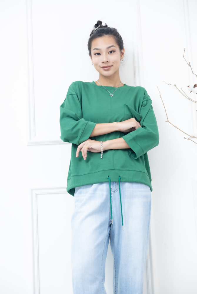 긴팔 左胸反摺口袋下擺抽繩七分袖上衣 / 綠色