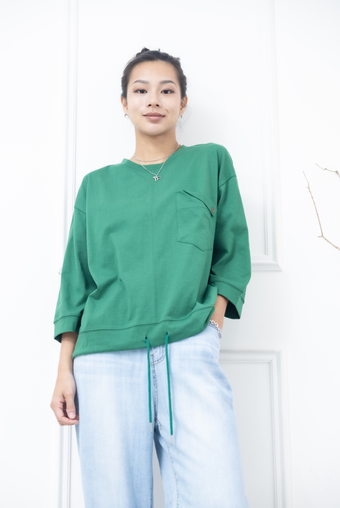 긴팔 左胸反摺口袋下擺抽繩七分袖上衣 / 綠色