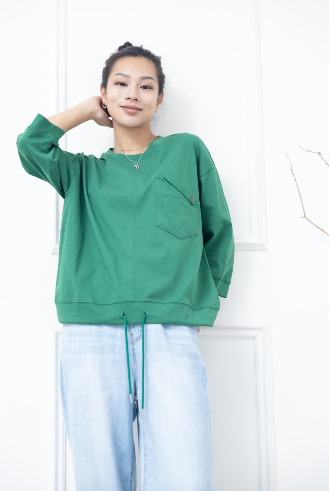 긴팔 左胸反摺口袋下擺抽繩七分袖上衣 / 綠色