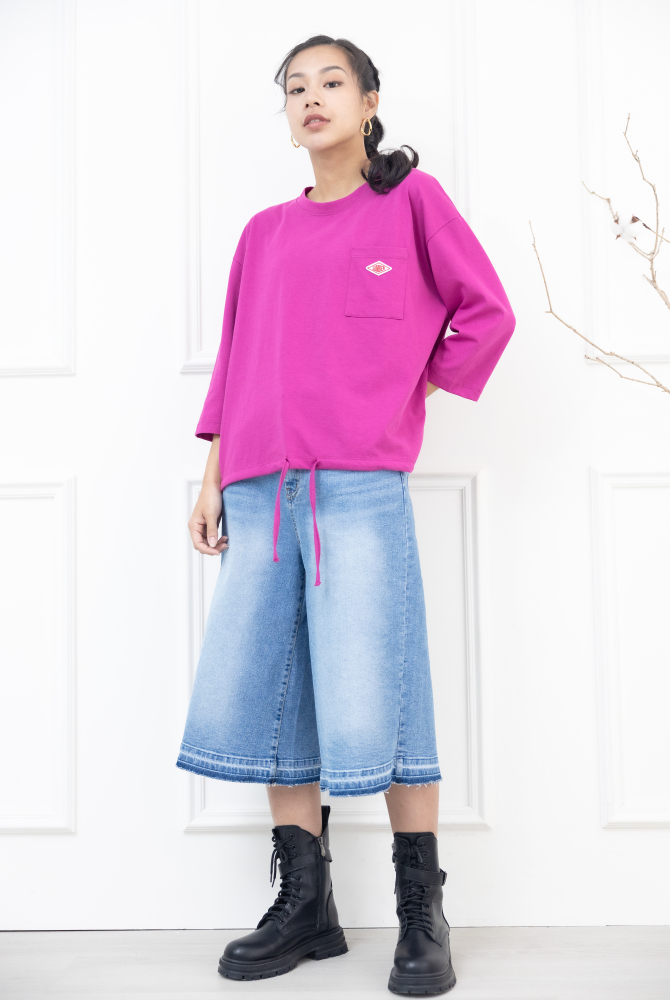 긴팔 左胸口袋刺繡標下擺抽繩上衣 / 桃紅色