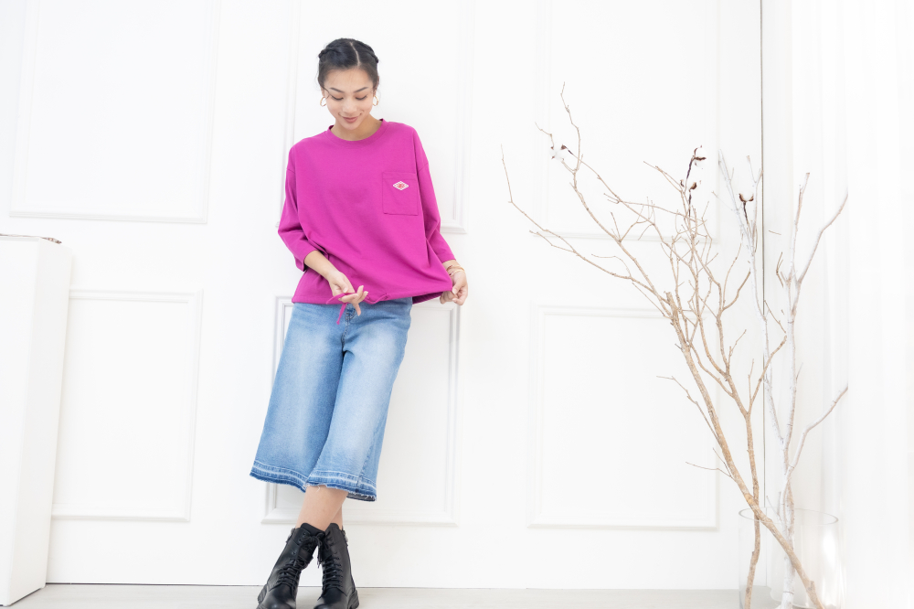 긴팔 左胸口袋刺繡標下擺抽繩上衣 / 桃紅色