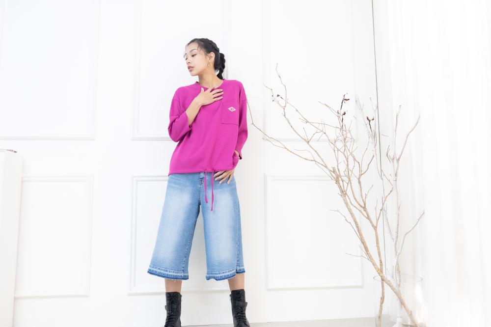 긴팔 左胸口袋刺繡標下擺抽繩上衣 / 桃紅色