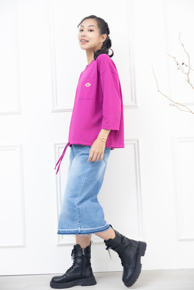 긴팔 左胸口袋刺繡標下擺抽繩上衣 / 桃紅色