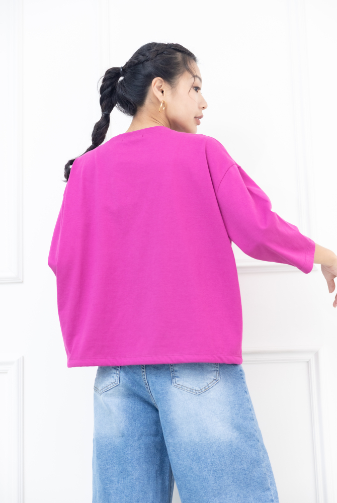 긴팔 左胸口袋刺繡標下擺抽繩上衣 / 桃紅色