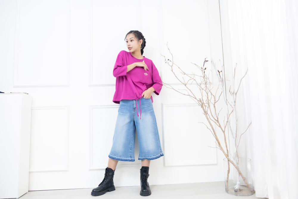 긴팔 左胸口袋刺繡標下擺抽繩上衣 / 桃紅色