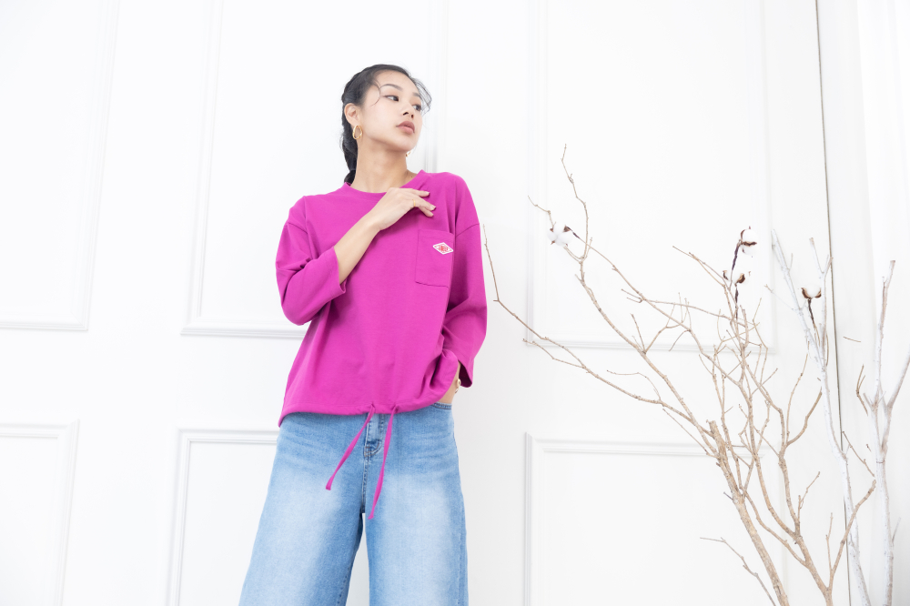 긴팔 左胸口袋刺繡標下擺抽繩上衣 / 桃紅色