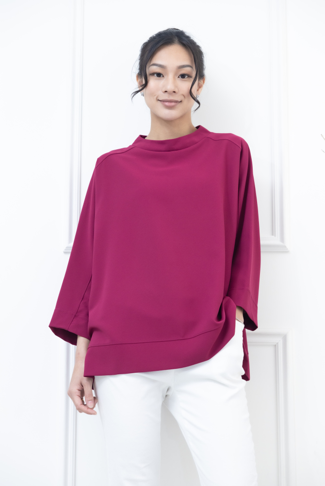 긴팔 下擺開岔背後金屬拉鍊寬版上衣 / 桃紅色