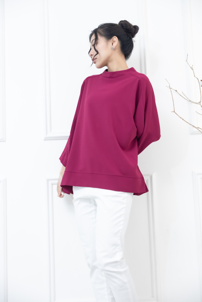 긴팔 下擺開岔背後金屬拉鍊寬版上衣 / 桃紅色