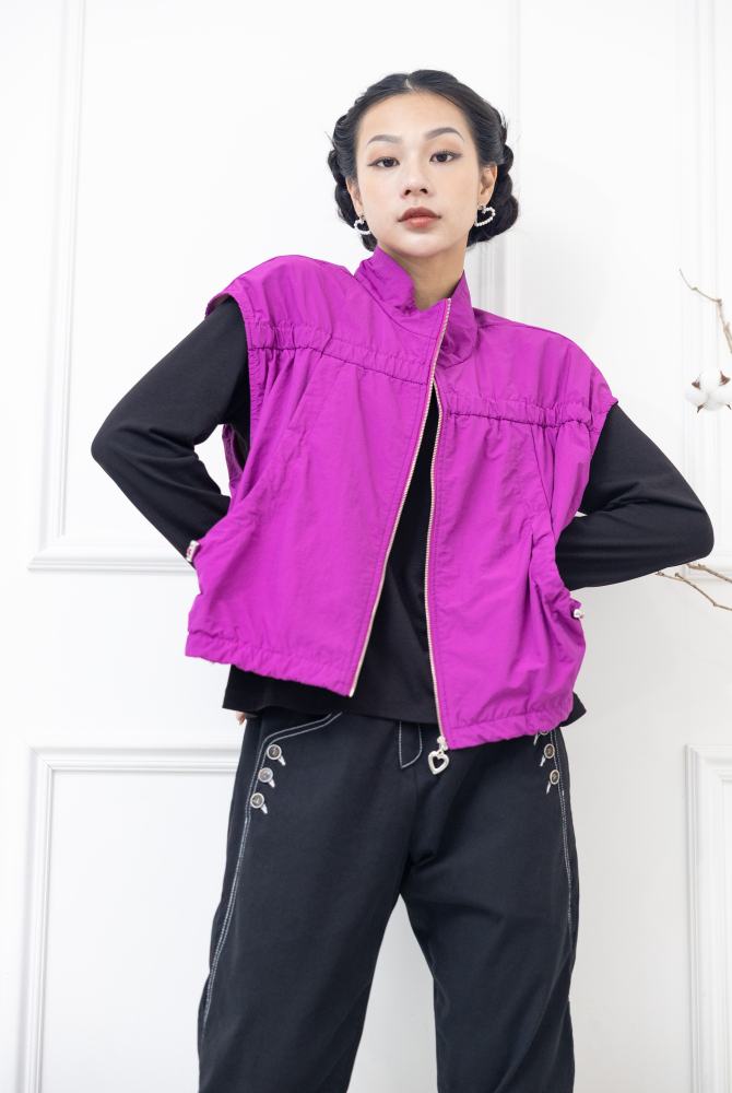 조끼 立領愛心拉鍊下擺抽繩寬版背心 / 紫色