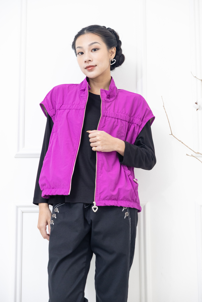 조끼 立領愛心拉鍊下擺抽繩寬版背心 / 紫色