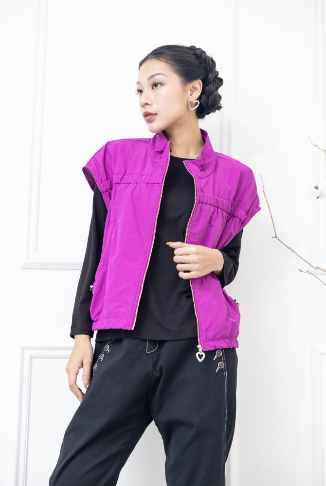 조끼 立領愛心拉鍊下擺抽繩寬版背心 / 紫色