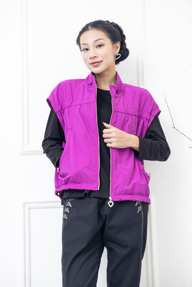 조끼 立領愛心拉鍊下擺抽繩寬版背心 / 紫色