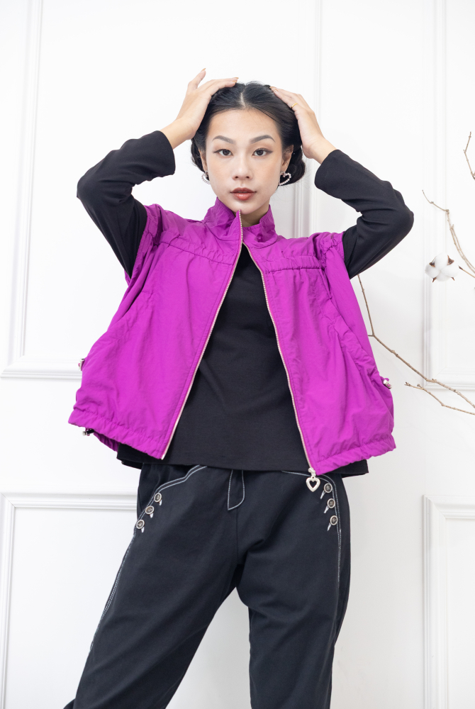 조끼 立領愛心拉鍊下擺抽繩寬版背心 / 紫色