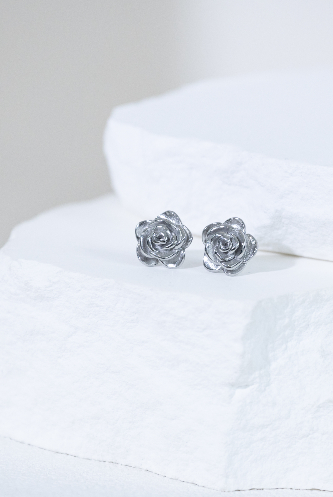 귀걸이 立體玫瑰花耳環 / 銀色