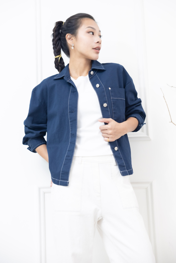 코트 白色車線金屬釘扣長方口袋外套 / 藍色