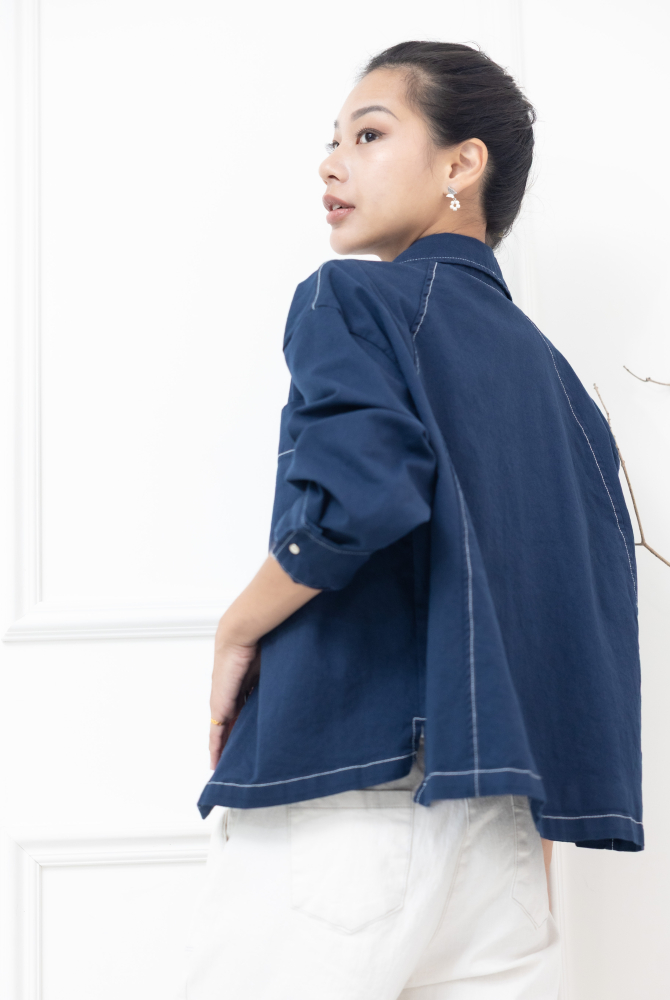 코트 白色車線金屬釘扣長方口袋外套 / 藍色