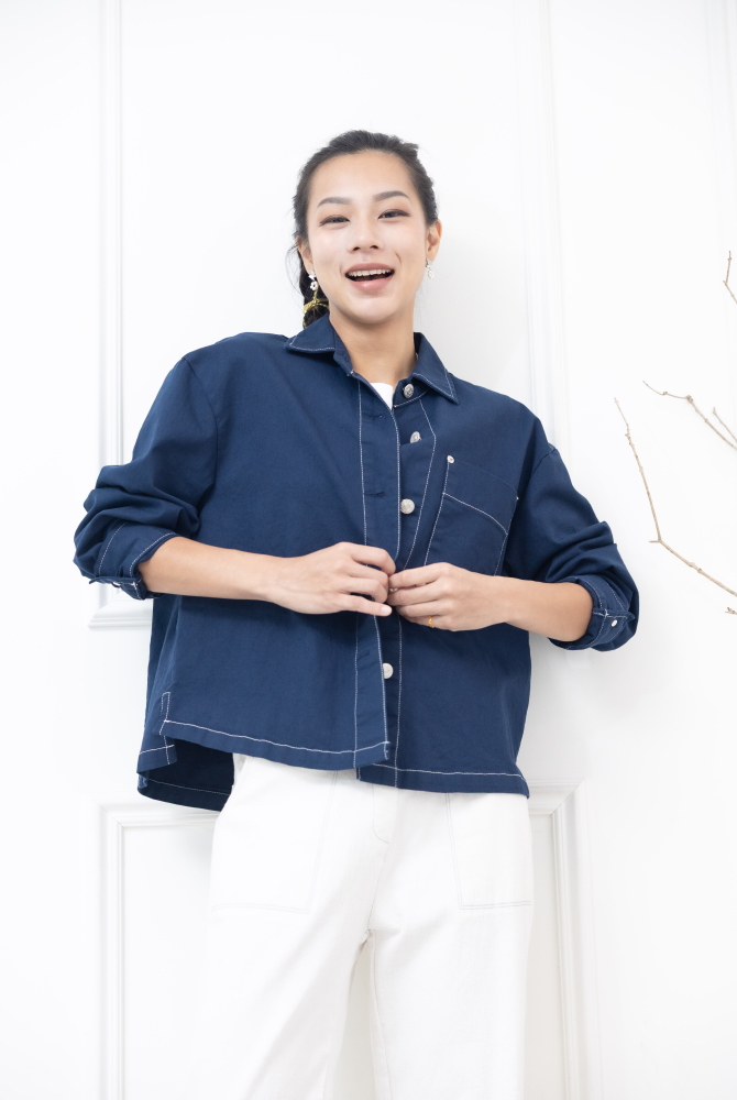 코트 白色車線金屬釘扣長方口袋外套 / 藍色