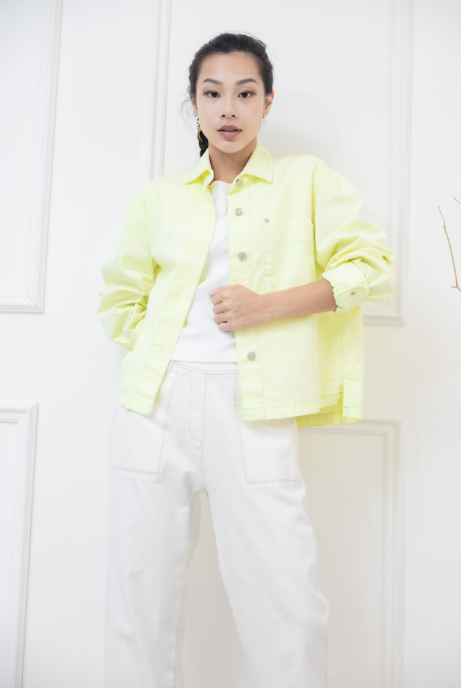 코트 綠色車線金屬釘扣長方口袋外套 / 嫩綠色