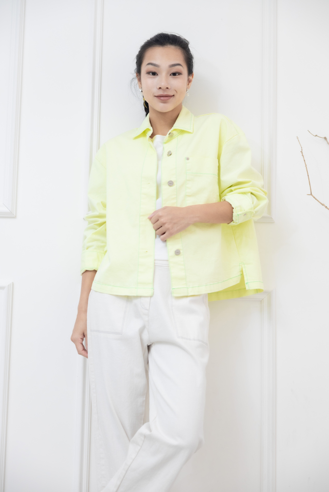 코트 綠色車線金屬釘扣長方口袋外套 / 嫩綠色