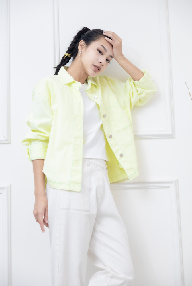 코트 綠色車線金屬釘扣長方口袋外套 / 嫩綠色