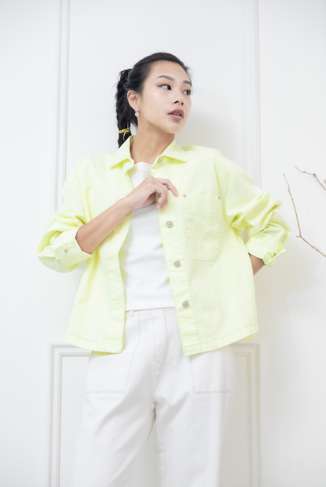 코트 綠色車線金屬釘扣長方口袋外套 / 嫩綠色