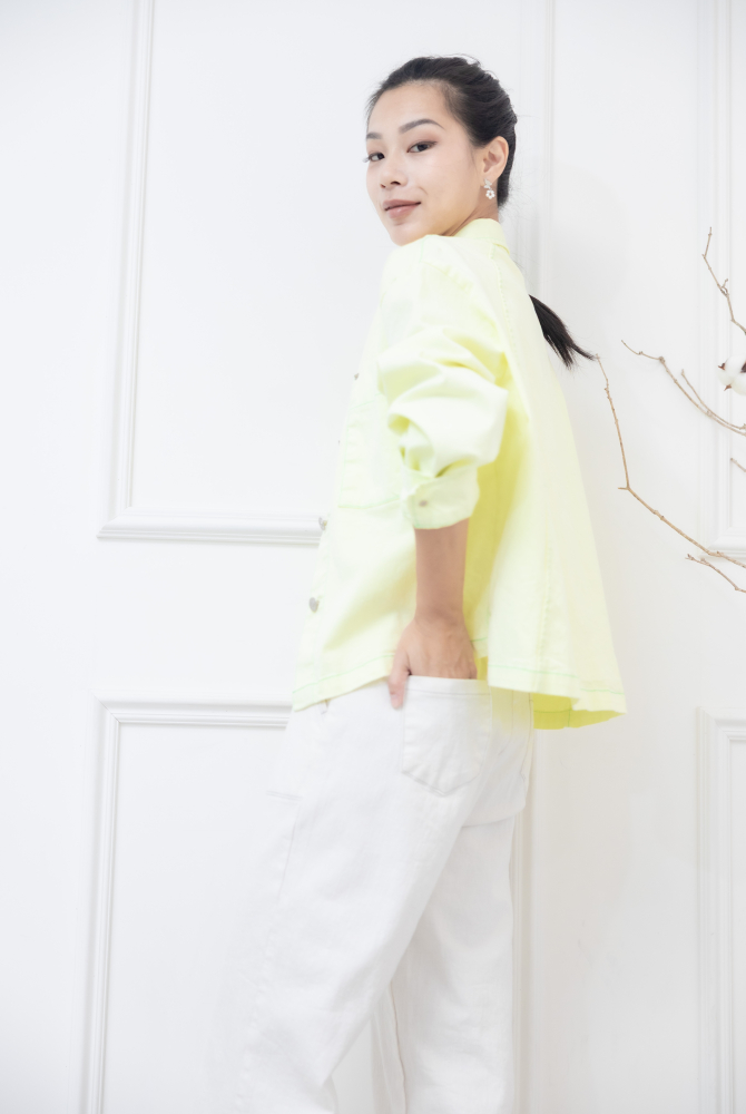 코트 綠色車線金屬釘扣長方口袋外套 / 嫩綠色