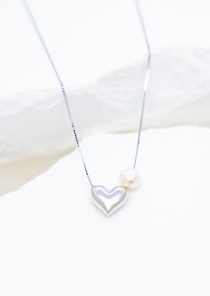 목걸이 小珍珠立體愛心 極細威尼斯鍊 / 銀色
