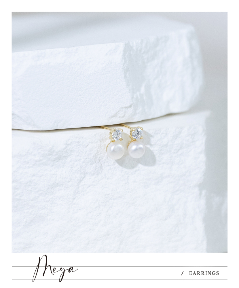 귀걸이 單顆鋯石接小珍珠耳環 / 金色