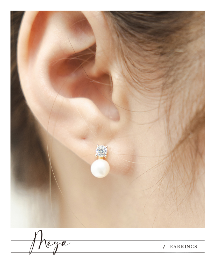 귀걸이 單顆鋯石接小珍珠耳環 / 金色