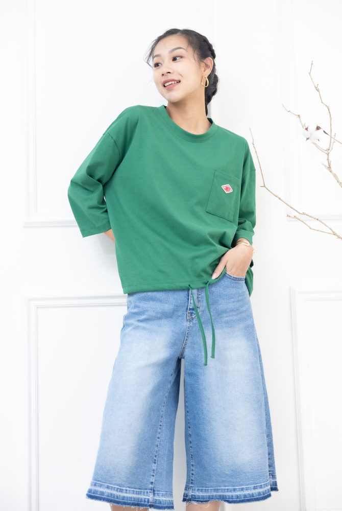 긴팔 左胸口袋刺繡標七分袖上衣 / 綠色