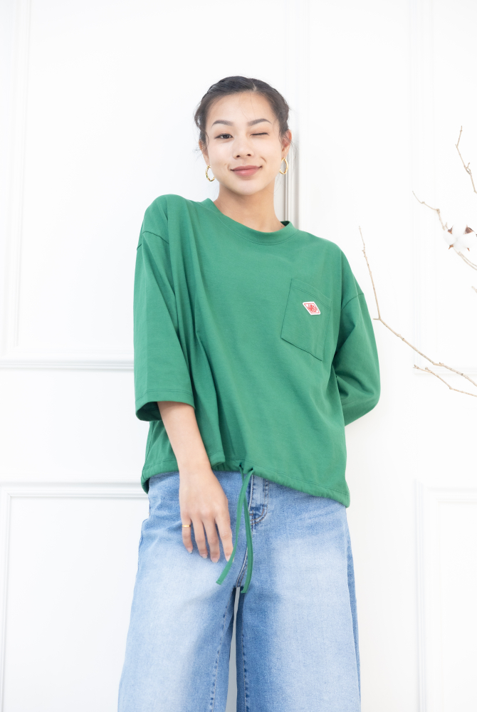 긴팔 左胸口袋刺繡標七分袖上衣 / 綠色