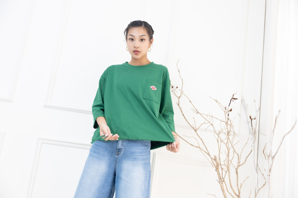 긴팔 左胸口袋刺繡標七分袖上衣 / 綠色