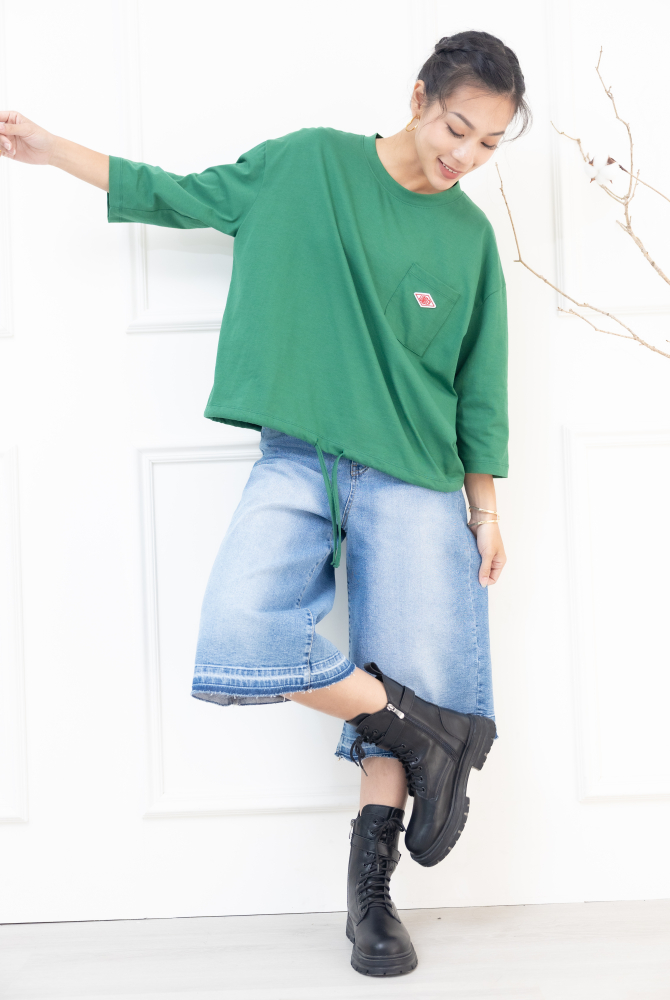 긴팔 左胸口袋刺繡標七分袖上衣 / 綠色