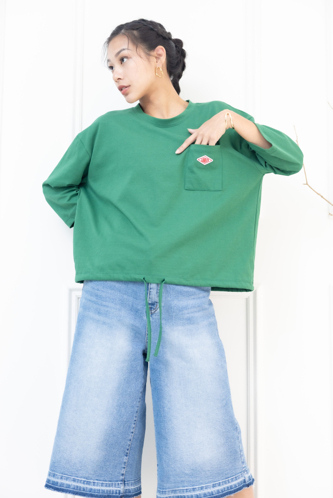 긴팔 左胸口袋刺繡標七分袖上衣 / 綠色