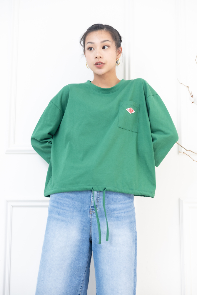 긴팔 左胸口袋刺繡標七分袖上衣 / 綠色